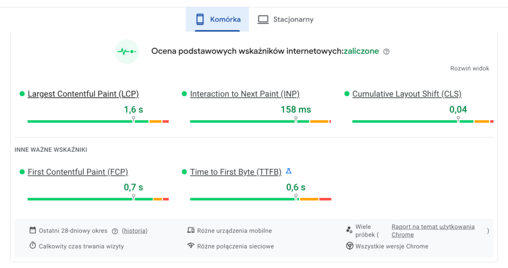 Raport Core Web Vitals w Google PageSpeed Insights - komórka